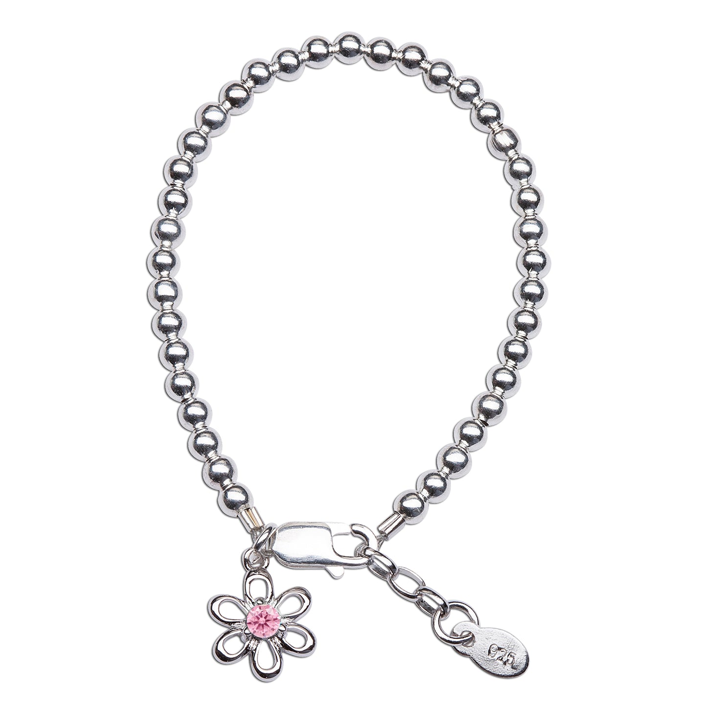 Baby bracelets featuring a sterling silver design with a pink daisy birthstone charm for newborns.