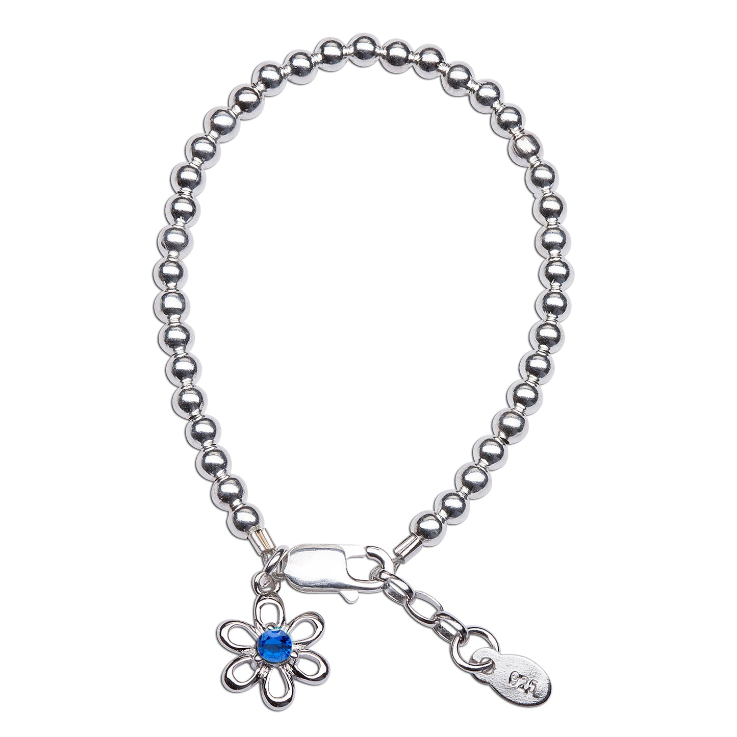 Baby bracelets featuring sterling silver daisy charm and blue birthstone, perfect for newborns to 12 months.