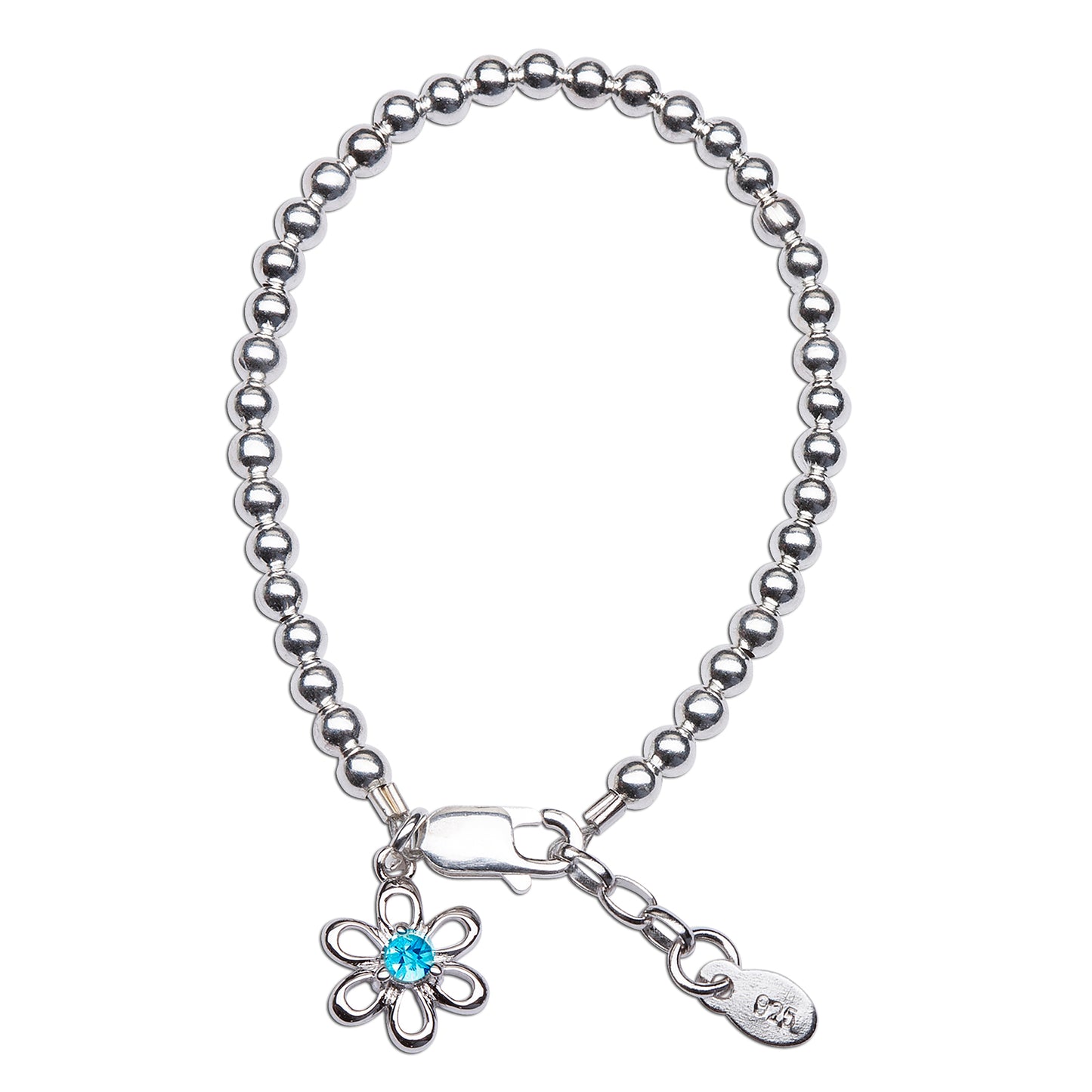 Baby bracelets – Sterling silver daisy charm bracelet with blue CZ birthstone for newborns.