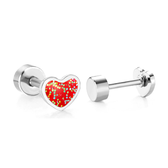 Baby earrings: surgical steel red glitter heart screw back earrings with vibrant enamel design.