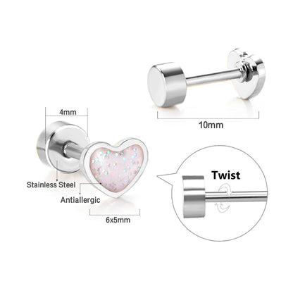 Baby earrings in surgical steel with pink glitter heart design, 6x5mm size, perfect for young kids.