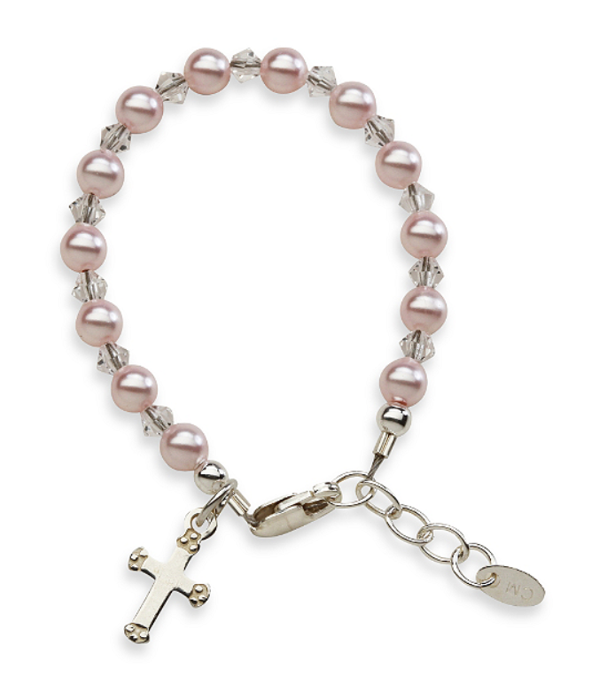 Children's Bracelets:  Sterling silver, Pink Swarovski Pearls with Cross Age 6 - 12