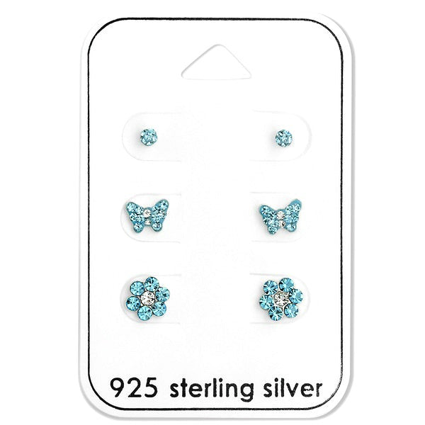 Blue CZ earrings set featuring three pairs of sparkling designs in solid 925 sterling silver.
