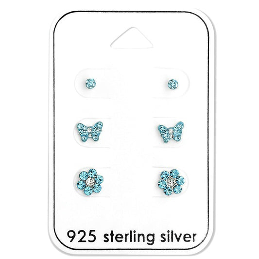Blue CZ earrings set featuring three pairs of sparkling designs in solid 925 sterling silver.