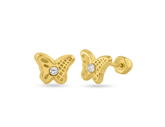 Children's earrings featuring 14k solid gold butterfly studs with central cubic zirconia, safe screw-back design.