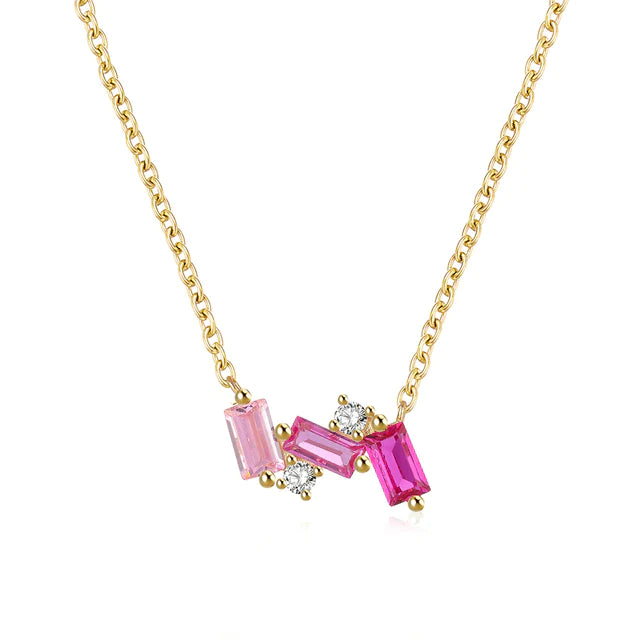 Children's and Teens' Necklaces:  14k Gold over Sterling Silver Necklace with 3 Shades of Pink CZ Baguettes with Gift Box