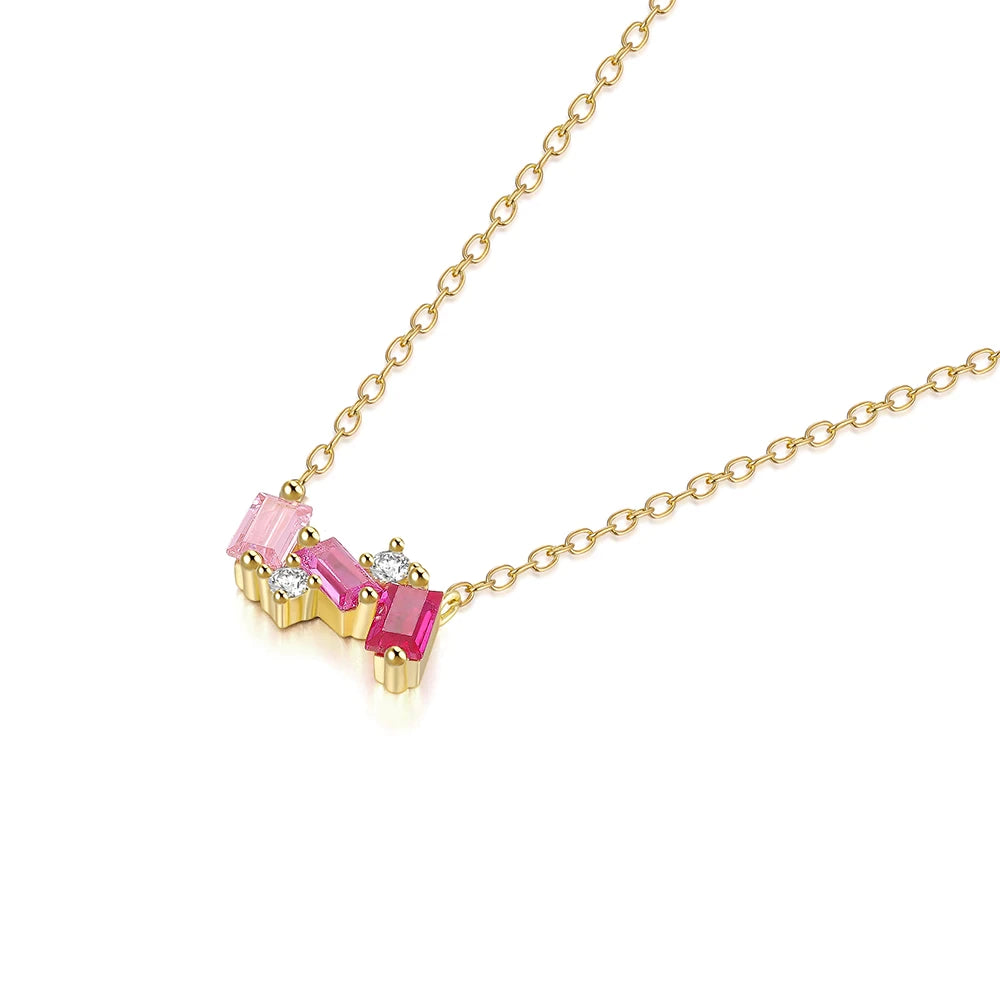 Children's and Teens' Necklaces:  14k Gold over Sterling Silver Necklace with 3 Shades of Pink CZ Baguettes with Gift Box