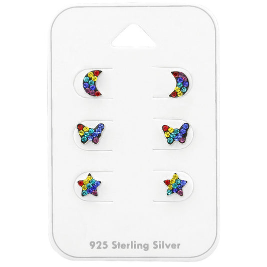 Children's Earrings - Sterling Silver Moon, Butterfly and Star, in Rainbow CZ Gift Pack