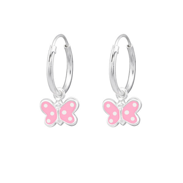 Children's Earrings:  Sterling Silver Sleepers with Pink Enamelled Butterflies