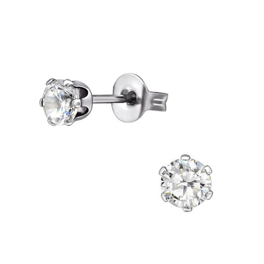 CZ stud earrings in sterling silver featuring 4mm clear cubic zirconia with secure six-prong setting.