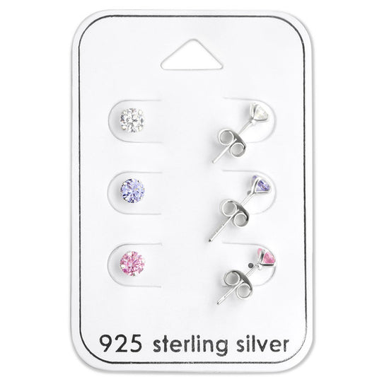 CZ stud earrings set featuring 3 pairs of cubic zirconia studs in clear, pink, and lavender on a sterling silver card.