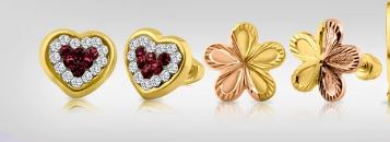 Children's, Teens' and Mothers' Earrings:  14k Gold, AAA Clear and Ruby CZ Hearts with Screw Backs and Gift Box