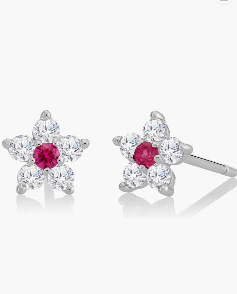 Children's Earrings:  Sterling Silver Clear CZ Flowers with Ruby Centres