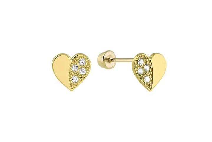 Baby and Children's Earrings:  14k Gold Semi Pave CZ Hearts with Screw Backs and Gift Box