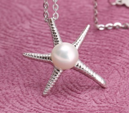 Children's and Teens' Necklaces:  Sterling Silver, 7mm Freshwater Pearl, Starfish Necklace