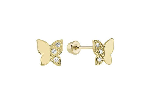 Baby and Children's Earrings:  14k Gold Semi Pave CZ Butterflies with Screw Backs and Gift Box