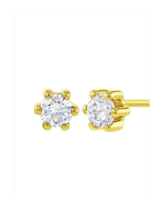 Children's Earrings:  9k Gold 6 Prong AAA Clear CZ Flower Design Studs 5.5mm with Screw Backs and Gift Box