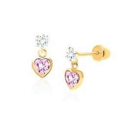 Children's earrings:  14k Gold over Sterling Silver 3mm CZ Stud with 5mm Pink CZ Heart Dangle with Screw Backs