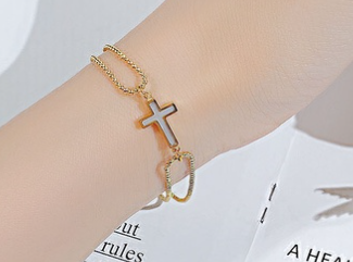 Children's, Teens' and Mothers' Bracelets:  Steel with 14k Gold IP Abalone Shell Inlaid Cross Bracelet
