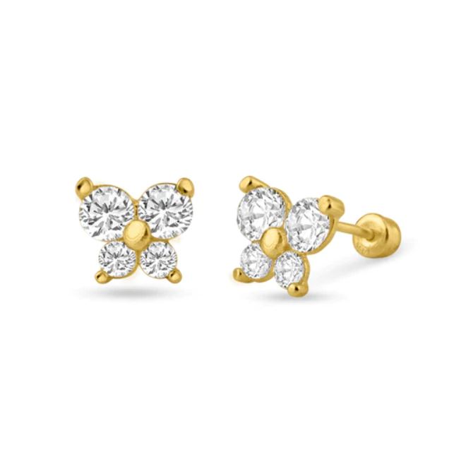Children's Earrings:  14k Gold AAA Clear CZ Butterfly Screw Back earrings with Gold Centres, with Gift Box