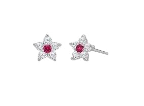 Children's Earrings:  Sterling Silver Clear CZ Flowers with Ruby Centres