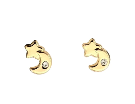 Baby and Children's Earrings:  14k Gold Moon and Star with CZ Screw Back Earrings with Gift Box Age 1 - 8