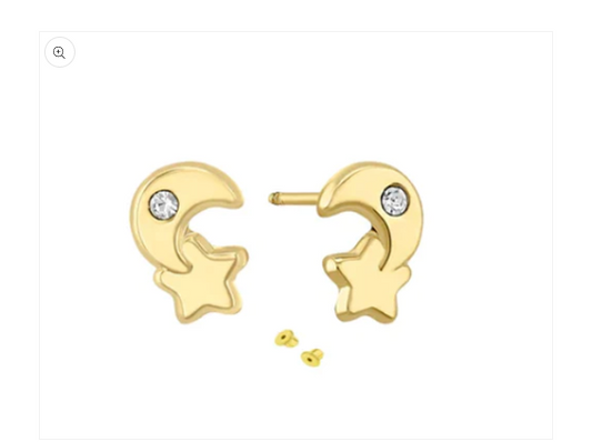 Children's earrings featuring 14k solid gold moon and star studs with CZ stones and screw back earrings.