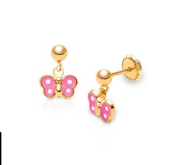 Children's earrings:  14k Gold over Sterling Silver 3mm Ball Stud with 5mm Pink Dotty Butterfly Dangle with Screw Backs