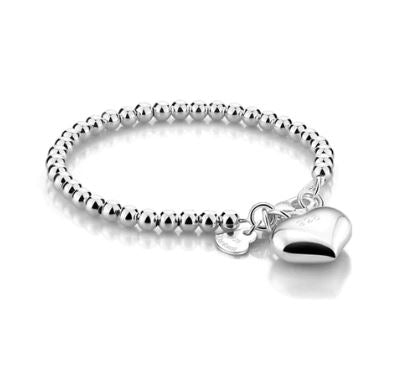 Children's Bracelets:  Sterling Silver Premium, Hallmarked, Heart Charm Ball Bracelets 15+1cm, with Gift Box