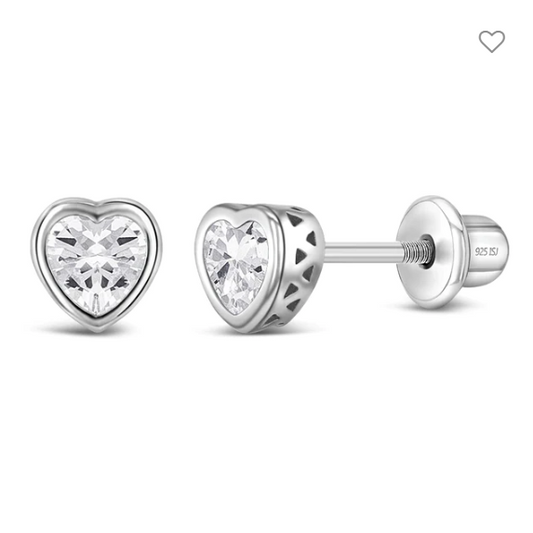 Baby and Children's Earrings:  Sterling Silver Bezel Set Clear CZ Hearts with Screw Backs