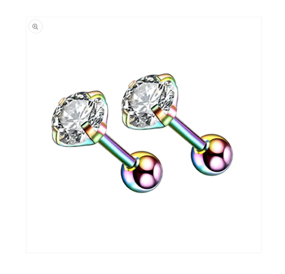 Children's Earrings:  Anodised Steel 4mm Clear CZ Reversible Earrings with Ball Screw Backs