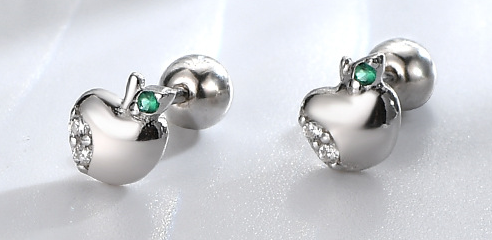 Baby and Children's Earrings:  Sterling Silver CZ Apple Earrings with Screw Backs