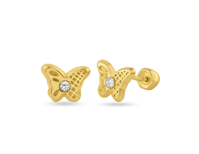 Baby and Children's Earrings:  14k Gold Butterfly with Central CZ Screw Backs with Gift Box Ages 0 - 5