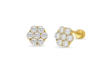 Children's Earrings:  14k Gold Clear Clustered AAA CZ Flowers with Screw Backs and Gift Box Age 1 - Teens