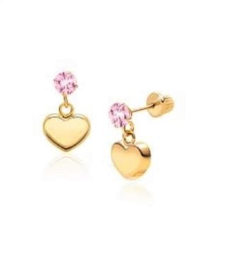 Children's earrings:  14k Gold over Sterling Silver 4mm Pink CZ Stud with 6mm Gold Heart Dangle with Screw Backs