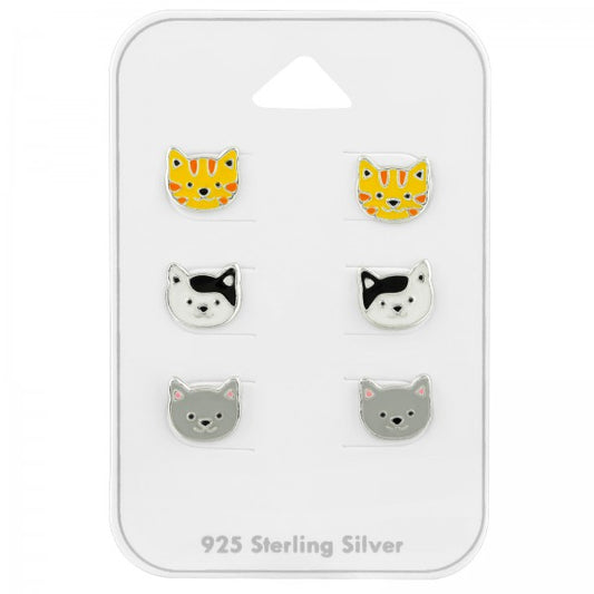 Cat earrings set featuring three pairs of sterling silver cat face earrings in grey, black, white, and ginger.