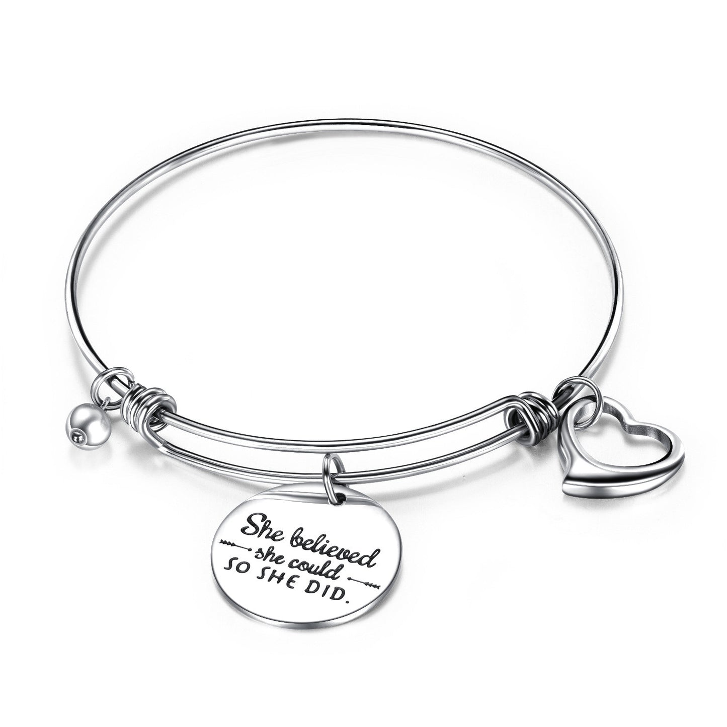 Charm bangle featuring an open heart charm and engraved encouragement disc, made of hypoallergenic surgical steel.