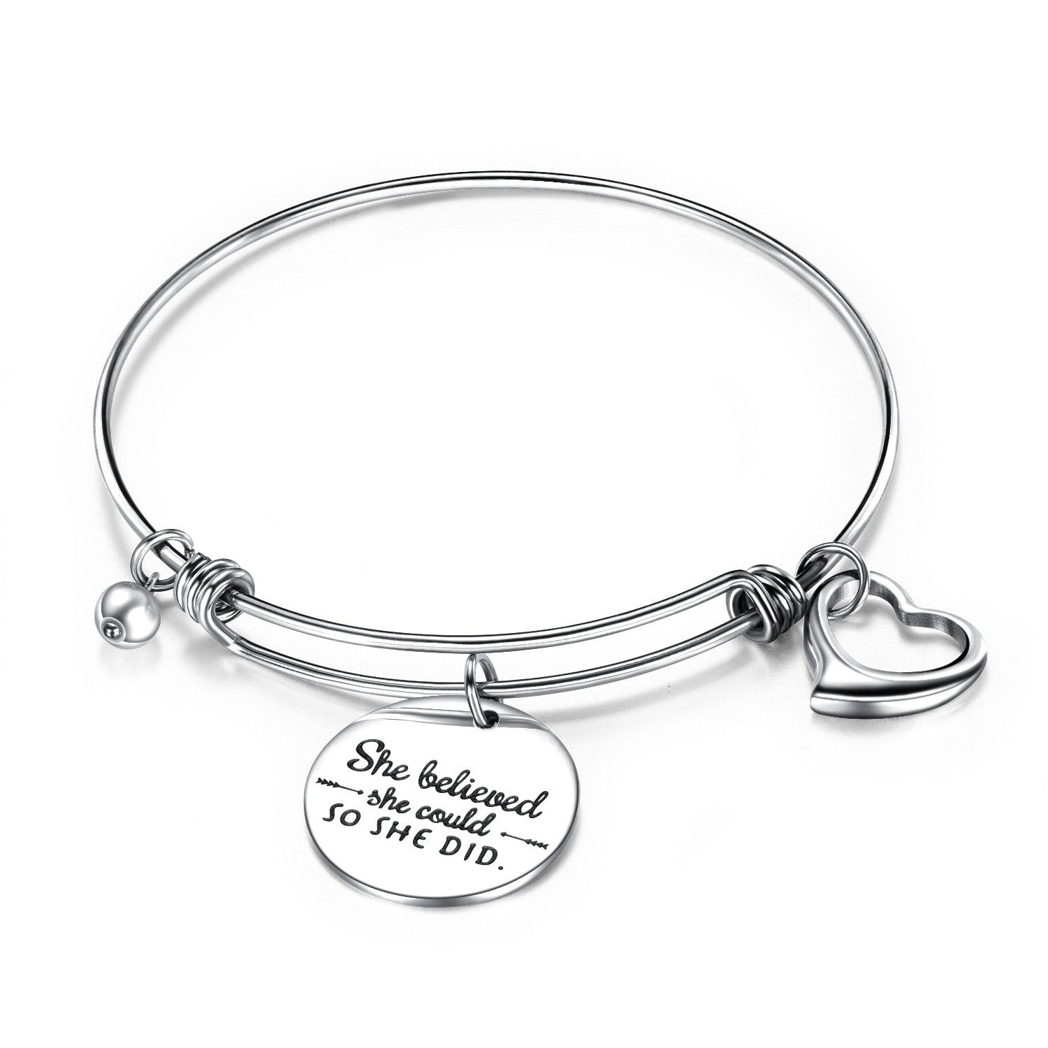 Charm bangle featuring an open heart charm and engraved encouragement disc, made of hypoallergenic surgical steel.