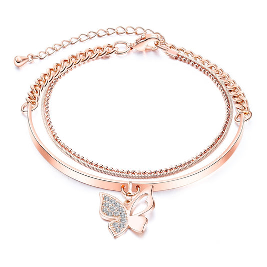 Children's bracelets in rose gold with butterfly charm and sparkling cubic zirconia, perfect for kids and tweens.