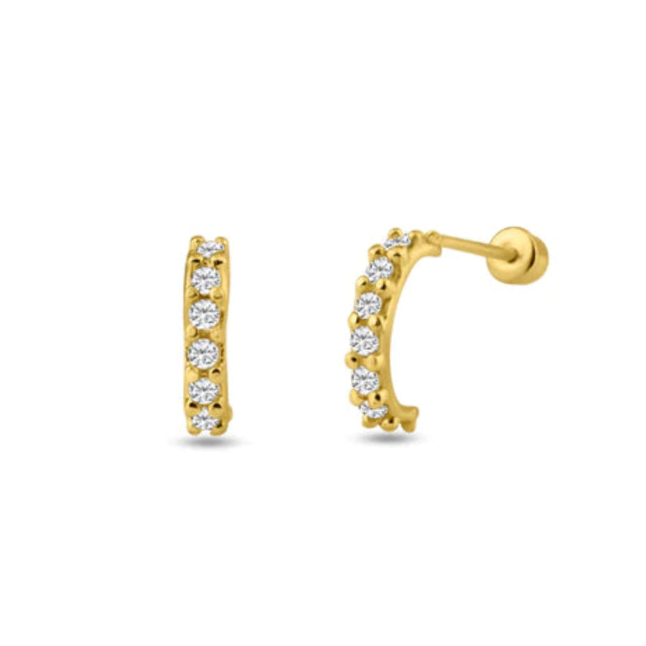 Children's earrings in 14k solid gold with clear cubic zirconia half huggie design and screw back fastening.