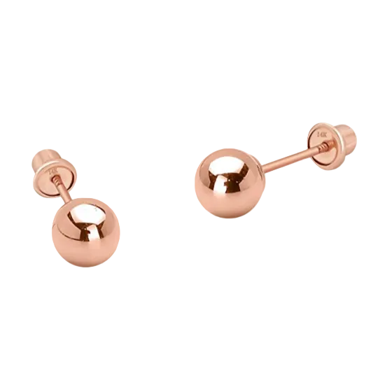 Children's earrings – 14k solid rose gold ball stud screw backs (4mm) for kids.