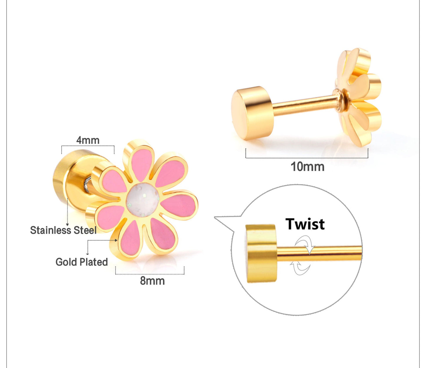 Children's earrings featuring pink daisy design, gold plating, and stainless steel for kids and teens.