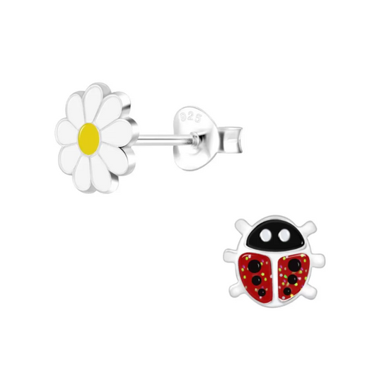 Children's earrings featuring sterling silver ladybug and daisy push back studs, perfect for kids aged 3 to 10.