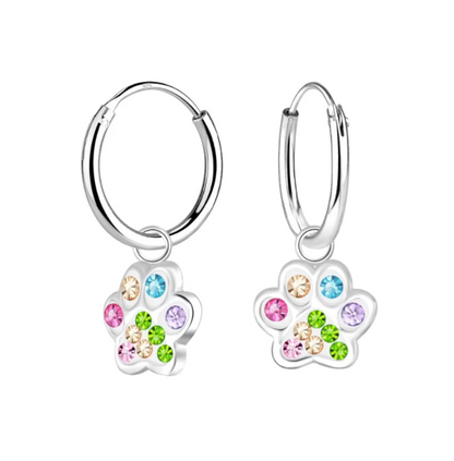 Children's sterling silver sleeper earrings with rainbow CZ paw prints for pet lovers.