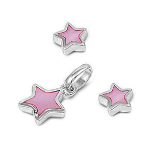 Children's jewellery sets featuring pink pearlescent star necklace and earrings in sterling silver.