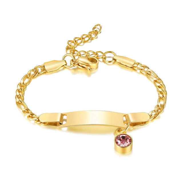 Baby and Children's Bracelets:  Steel with Gold IP Engravable Bracelets with Pink CZ Charm - Age 3 Months to 5 Years