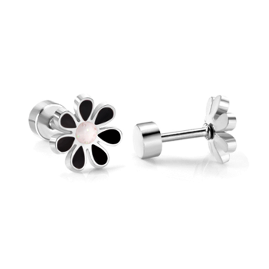 Daisy earrings made of 316L surgical steel with black and white glitter enamel centres in screw back studs.