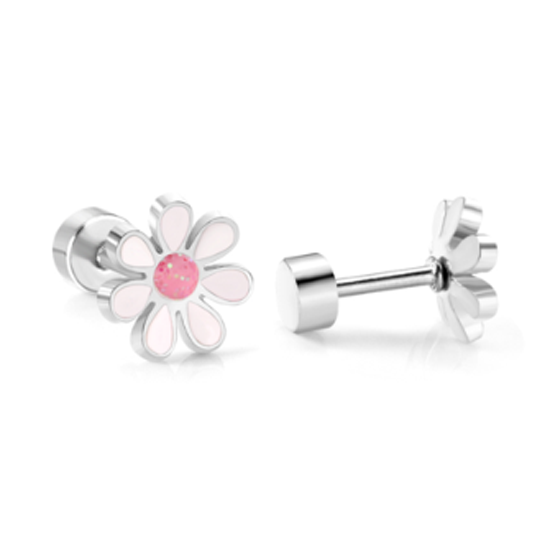 Daisy earrings made of 316L surgical steel featuring pink glitter enamel centers, 7.5mm screw back studs.