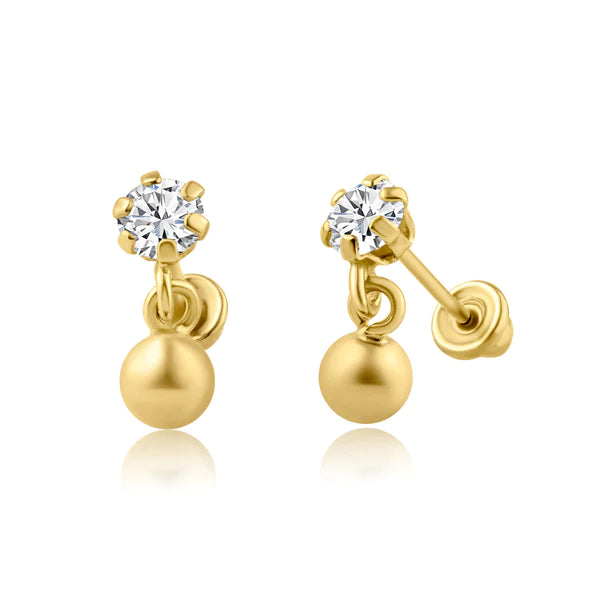 Dangle earrings made of solid 14k yellow gold with 3mm CZ ball dangles and secure screw backs.