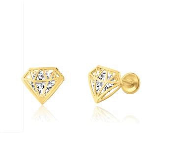 Diamond earrings in solid 14k yellow gold featuring cubic zirconia, ideal for all ages and special occasions.